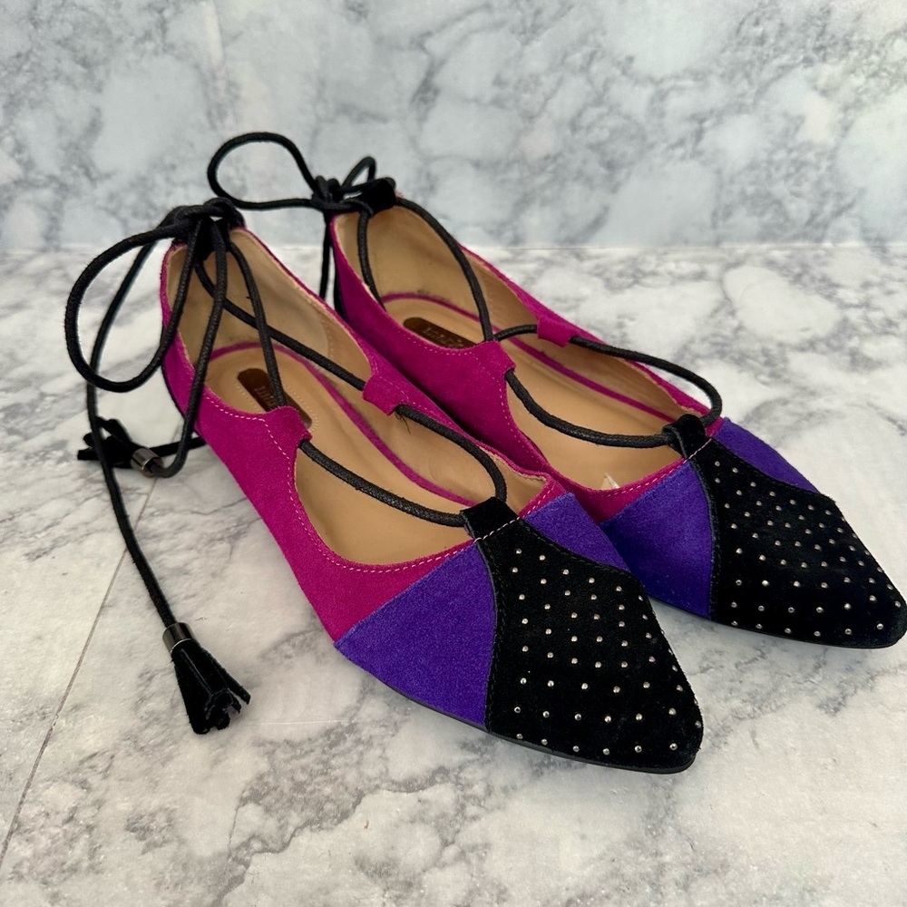 Mark. Purple Pink Black Pointed‎ Toe Flats Suede Strappy Tassels Sz 7 Studs 80's